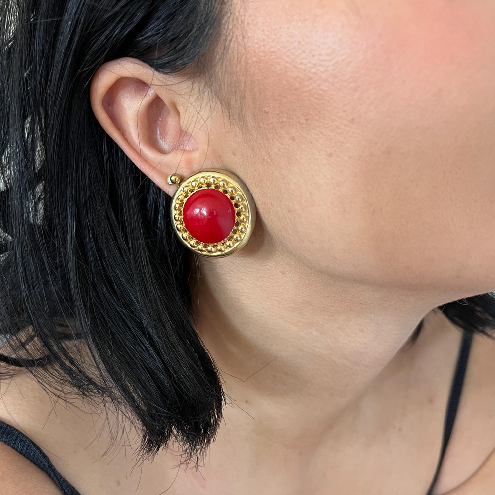 Vintage 80s Gold Tone‎ Red Cabochon Statement Earrings